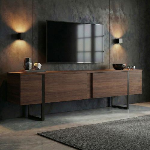 Mobile Porta tv Marrone Noce Scuro Nero 2 Ante 2 Vani 180x30x50h cm, Apertura a Ribalta - Abishia