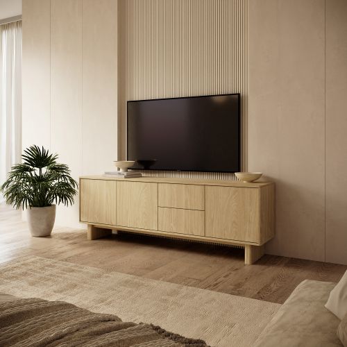 Mobile Porta tv Marrone Rovere 2 Cassetti un Ripiano 183x38x62h cm, 3 Ante - Kamani