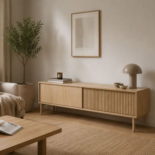 Mobile Porta tv Marrone Rovere 2 Ripiani 2 Ante 154x40x52h cm, Ante Effetto Rigato - Kami