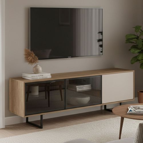 Mobile Porta tv Marrone Rovere Beige Cassetti 3 Ripiani 185x40x60h cm, 3 Ante - Serrata