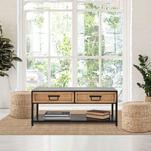 Mobile Porta tv Marrone Rovere Nero 2 Cassetti 2 Ripiani 95x38x38h cm, Finiture in Rattan - Boquete