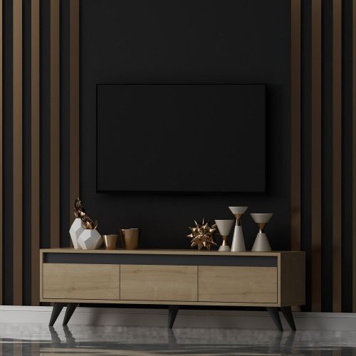Mobile Porta tv Marrone Rovere Nero 3 Ante Apertura a Ribalta 150x30x45h cm, 3 Vani - Romeno