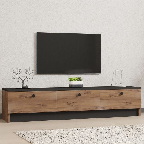 Mobile Porta tv Marrone Rovere Nero 3 Ante Apertura a Ribalta 160x35x35h cm, 3 Vani - Sovere