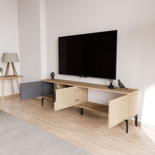Mobile Porta tv Marrone Rovere Nero Antracite 2 Ante Apertura a Ribalta 180x33x49h cm, 3 Vani - Imerese