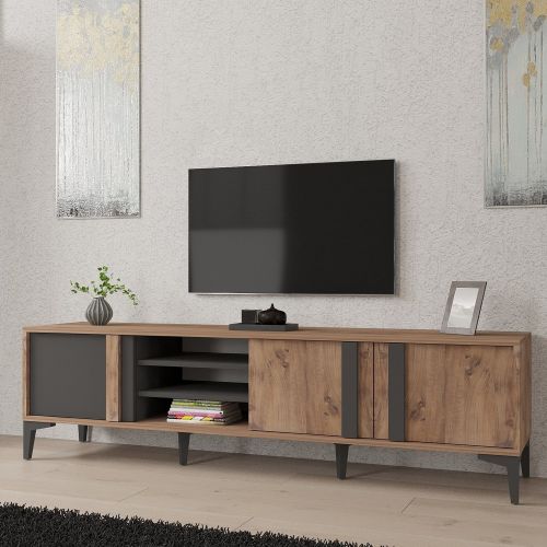 Mobile Porta tv Marrone Rovere Nero Antracite 2 Ripiani 3 Ante 180x40x50h cm, 6 Vani - Gruaro