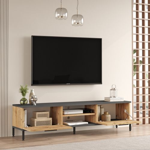 Mobile Porta tv Marrone Rovere Nero Antracite un Ripiano 2 Ante 160x35x39h cm, 4 Vani - Crissolo