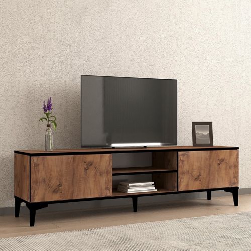 Mobile Porta tv Marrone Rovere Nero Antracite un Ripiano 2 Ante 180x40x50h cm, 4 Vani - Fonni