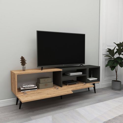 Mobile Porta tv Marrone Rovere Nero Antracite un Ripiano Un'anta 150x30x50h cm, 4 Vani - Tinnura