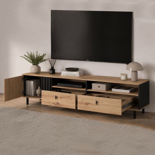Mobile Porta tv Marrone Rovere Nodi Nero 2 Cassetti 3 Ripiani 165x40x49h cm, Un'anta - Kalese