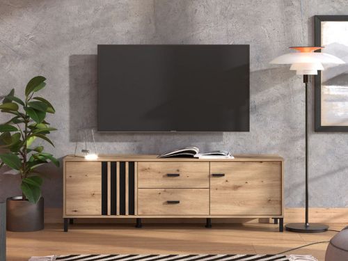 Mobile Porta tv Marrone Rovere Nodi Nero 2 Cassetti un Ripiano 157x40x52h cm, Apertura Battente, Scorrevole - Caivano