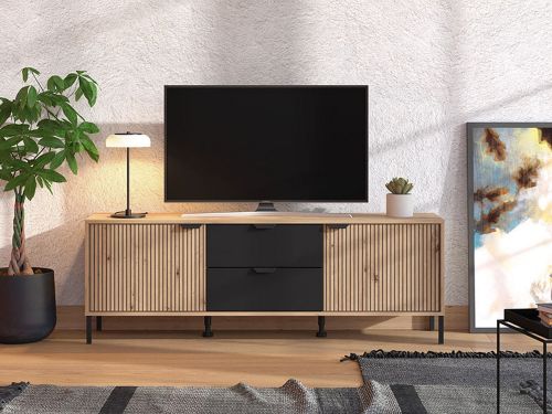 Mobile Porta tv Marrone Rovere Nodi Nero 2 Cassetti un Ripiano 157x40x54.5h cm, 2 Ante - Raiano