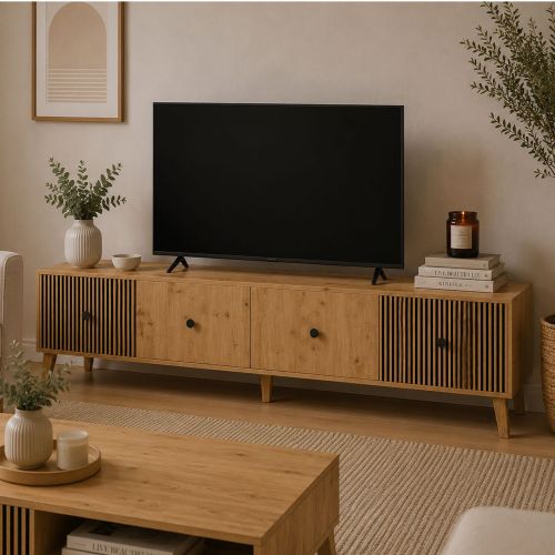 Mobile Porta tv Marrone Rovere Nodi Nero 2 Ripiani 2 Ante 180x42x45h cm, Ante Effetto Rigato - Lileza