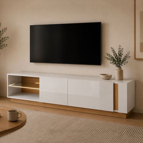 Mobile Porta tv Marrone Rovere Nodi Nero 2 Ripiani 2 Ante 188x40x46h cm, Ripiano in Vetro - Kahadada