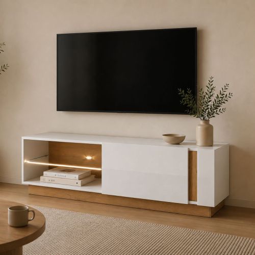 Mobile Porta tv Marrone Rovere Nodi Nero 2 Ripiani Un'anta 138x40x46h cm, Ripiano in Vetro - Kagale