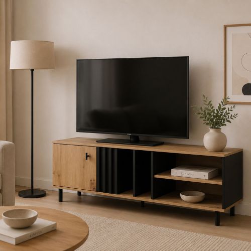Mobile Porta tv Marrone Rovere Nodi Nero 2 Ripiani Un'anta 138x40x49h cm, con Piedini - Kali