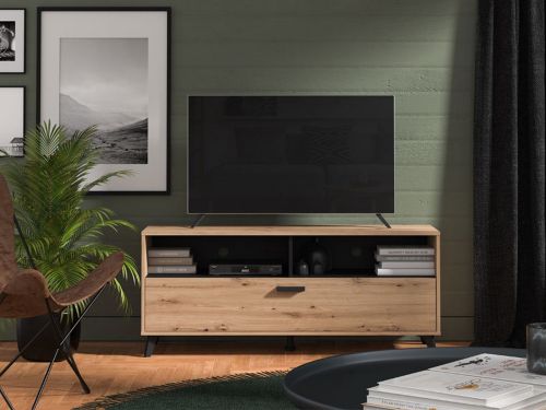 Mobile Porta tv Marrone Rovere Nodi Nero 3 Ripiani Un'anta 137.5x40x57.5h cm, 4 Vani - Platania