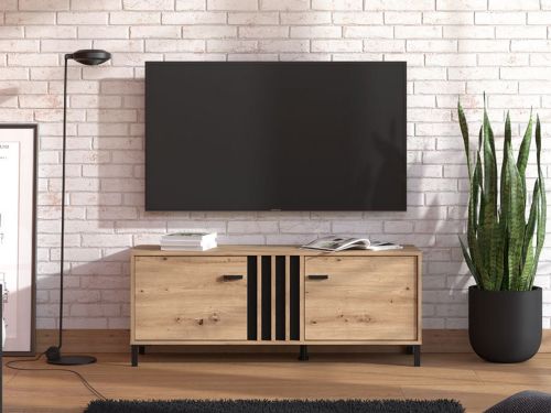 Mobile Porta tv Marrone Rovere Nodi Nero un Ripiano 2 Ante 131.5x40x52h cm, 2 Vani - Forte
