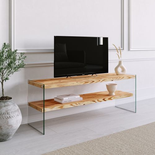 Mobile Porta tv Marrone Rovere Trasparente un Ripiano Struttura in Vetro Temperato 120x35x45h cm, un Vano - Cloz