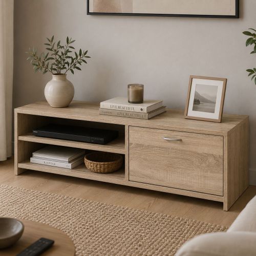 Mobile Porta tv Marrone Rovere un Cassetto 2 Ripiani 120x39x31h cm, 2 Vani - Lihamo