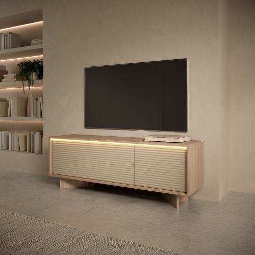 Mobile Porta tv Marrone Rovere un Ripiano 3 Ante 154x40x54h cm, Ante Effetto Rigato con led - Kamele