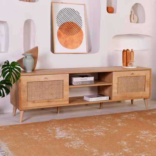 Mobile Porta tv Marrone Rovere un Ripiano Apertura a Ribalta 180x41x55h cm, 2 Ante - Grassano