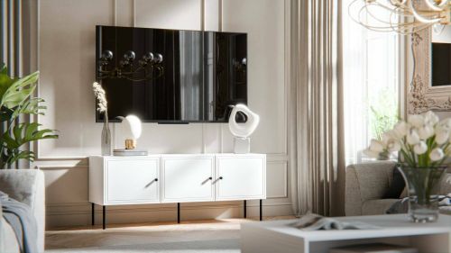 Mobile porta TV Moura, Madia da salotto con tre ante battenti, Rialzato da terra, 151x40 h60 cm, Bianco