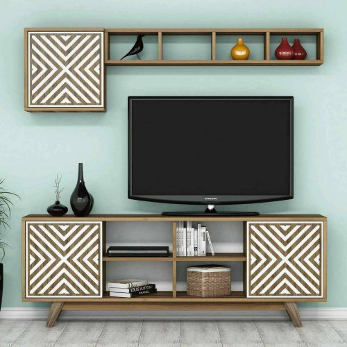 Mobile porta TV Nair, Supporto per televisione da salotto, Credenza bassa da soggiorno, Base porta TV, 160x35h56 cm, Noce e Bianco