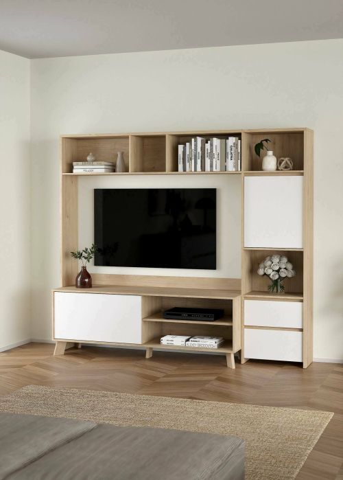 Mobile porta TV Nanette, Credenza da soggiorno, Armadio basso per TV, Base parete attrezzata, 48x209 h183 cm, Rovere e Bianco
