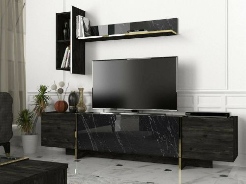 Mobile porta TV Neptura, Supporto per televisione da salotto, Credenza bassa da soggiorno, Base porta TV, 180x32h45 cm, Nero e Oro