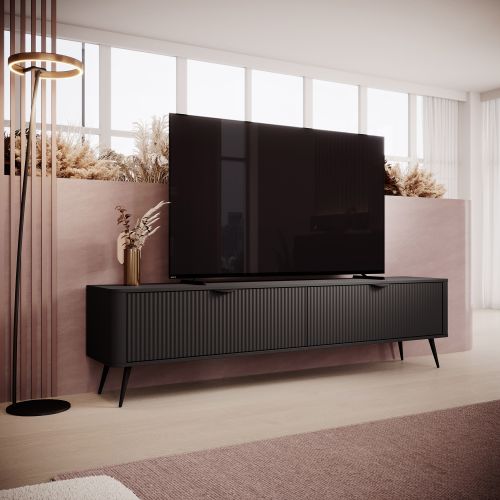 Mobile Porta tv Nero 2 Ripiani 2 Ante 200x38x51h cm, Ante Effetto Rigato con Piedini - Kala