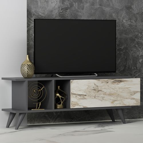Mobile Porta tv Nero Antracite Bianco Marmo Un'anta Apertura Scorrevole 120x30x45h cm, 2 Vani - Futani