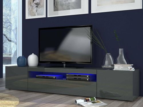 Mobile Porta tv Nero Antracite Lucido 2 Ripiani 3 Ante 200x40x37h cm, con Luci led Made in Italy - Amore