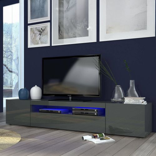Mobile Porta tv Nero Antracite Lucido 2 Ripiani 3 Ante 200x40x37h cm, con Luci led Made in Italy - Amore