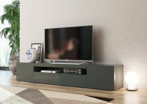 Mobile Porta tv Nero Antracite Lucido 2 Ripiani Apertura Battente, a Ribalta 200x40x37h cm, 3 Ante Made in Italy - Amore