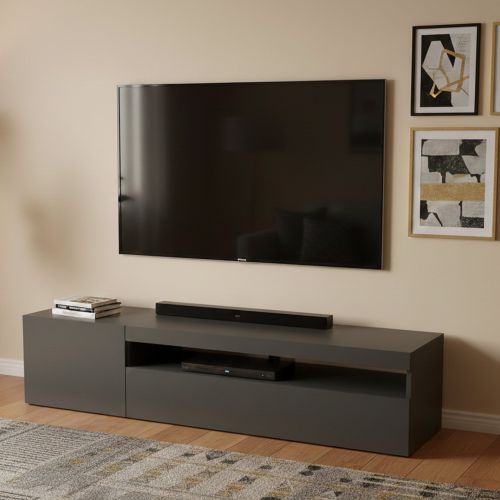 Mobile Porta tv Nero Antracite Lucido un Ripiano Apertura Battente, a Ribalta 150x40x37h cm, 2 Ante Made in Italy - Acrilya