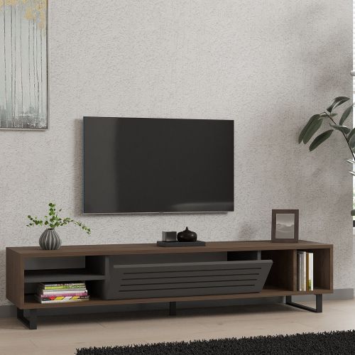 Mobile Porta tv Nero Antracite Marrone Noce un Ripiano Un'anta 160x40x35h cm, 5 Vani - Sovico