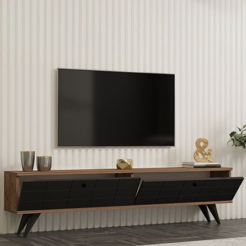 Mobile Porta tv Nero Antracite Marrone Rovere 2 Ante Apertura a Ribalta 160x25x35h cm, 2 Vani - Tresana