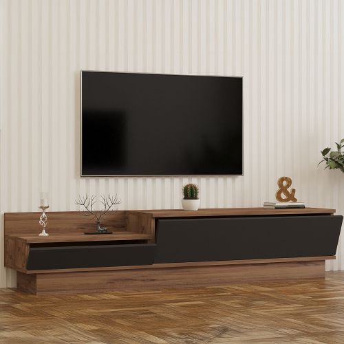 Mobile Porta tv Nero Antracite Marrone Rovere 2 Ante Apertura a Ribalta 160x35x35h cm, 2 Vani - Persico