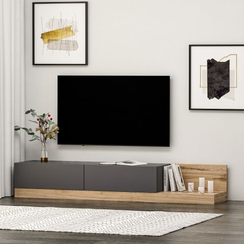 Mobile Porta tv Nero Antracite Marrone Rovere 2 Ante Apertura a Ribalta 180x37x30h cm, 2 Vani - Cajetani