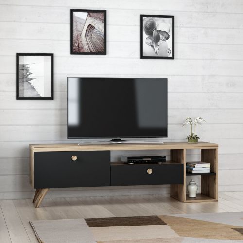 Mobile Porta tv Nero Antracite Marrone Rovere 2 Ripiani 2 Ante 150x35x47h cm, 5 Vani - Filetto