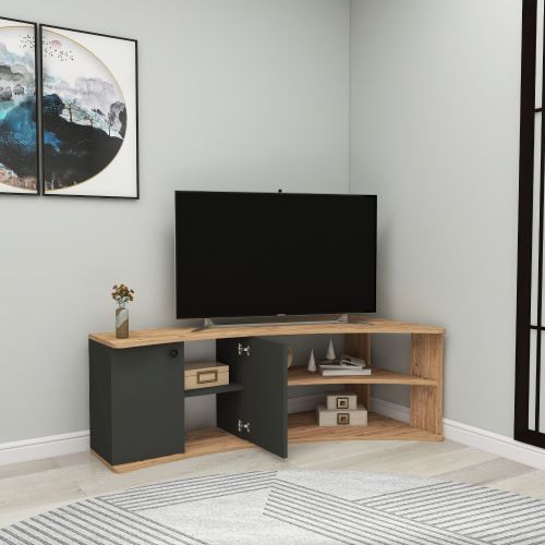 Mobile Porta tv Nero Antracite Marrone Rovere 2 Ripiani 4 Vani 135x68x49h cm, 2 Ante - Roisan