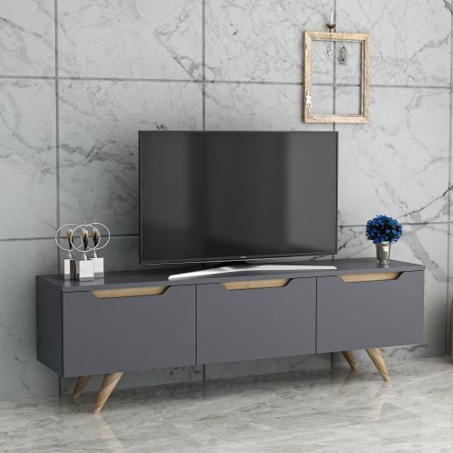 Mobile Porta tv Nero Antracite Marrone Rovere 3 Ante Apertura a Ribalta 150x35x44h cm, 3 Vani - Fiorano