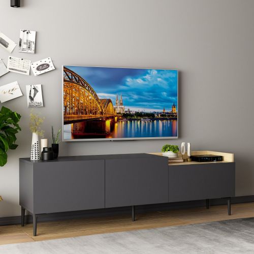 Mobile Porta tv Nero Antracite Marrone Rovere 3 Ante Apertura a Ribalta 160x37x48h cm, 3 Vani - Postal