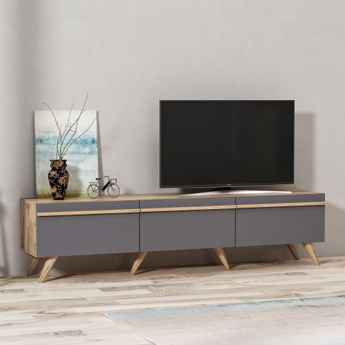 Mobile Porta tv Nero Antracite Marrone Rovere 3 Ante Apertura a Ribalta 180x35x42h cm, 3 Vani - Cortaccia