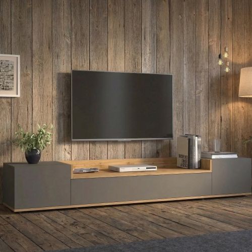 Mobile Porta tv Nero Antracite Marrone Rovere 3 Ripiani 3 Ante 200x35x30h cm, 4 Vani Made in Italy - Oxanna