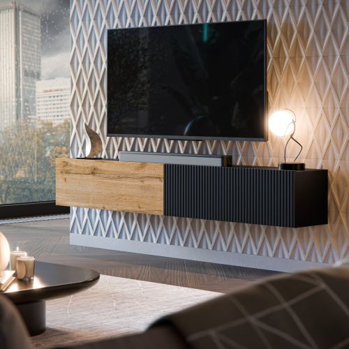 Mobile Porta tv Nero Antracite Marrone Rovere Modulabile un Ripiano 200x30x31h cm, 2 Ante - Sindia