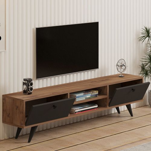 Mobile Porta tv Nero Antracite Marrone Rovere un Ripiano 2 Ante 160x30x37h cm, 4 Vani - Tribano