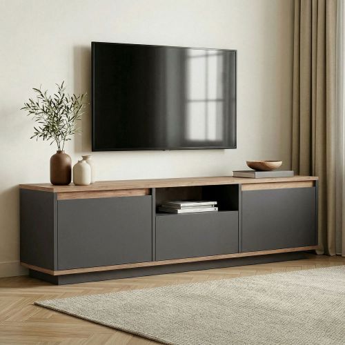 Mobile Porta tv Nero Antracite Marrone Rovere un Ripiano 3 Ante 160x30x42h cm, 4 Vani - Morrigan