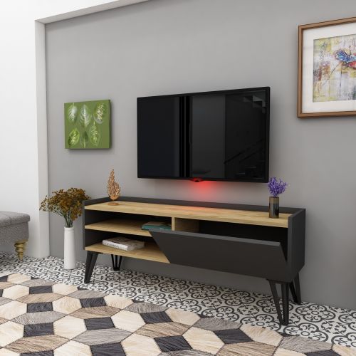 Mobile Porta tv Nero Antracite Marrone Rovere un Ripiano Un'anta 120x33x50h cm, 3 Vani - Cremia
