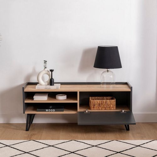 Mobile Porta tv Nero Antracite Marrone Rovere un Ripiano Un'anta 120x39x50h cm, 3 Vani - Molinara